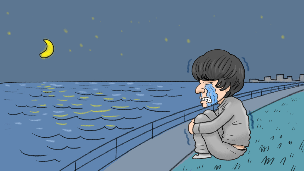 テレビ番組用イラスト制作_名古屋テレビ_メーテレ「ドデスカ！」失恋で夜の海を眺める男子
